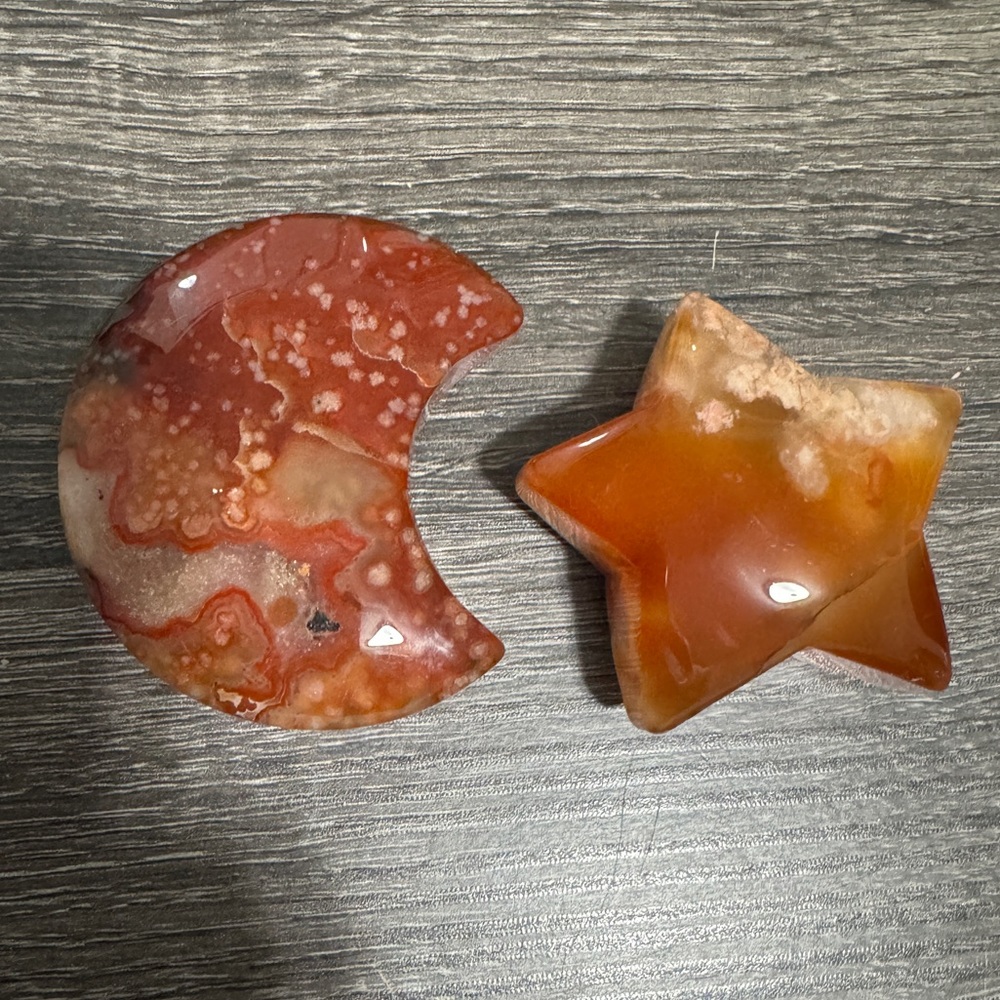Carnelian Heart & Moon Genuine Crystal Carvings - Orange - NWOT